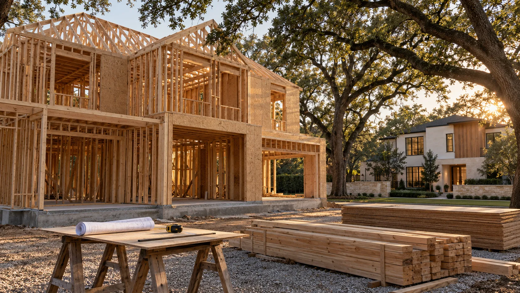 A two-story custom home at the wood-framing stage on a concrete slab under mature live oaks, with a sawhorse work table holding a rolled set of drawings and a tape measure and stacks of lumber on a gravel pad in the foreground, and a finished modern house in white plaster and wood with dark windows across the street