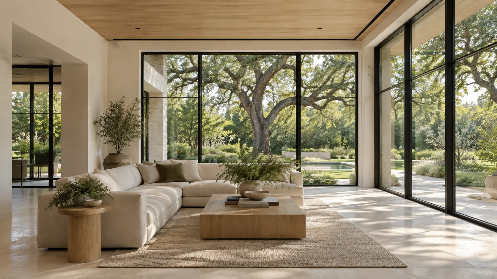 A warm modern living room with a white oak plank ceiling edged by a slim black linear air-supply slot, cream plaster walls, a pale limestone floor, a linen sectional around a white oak coffee table, and floor-to-ceiling black steel windows opening onto a garden with a large live oak and a pool beyond