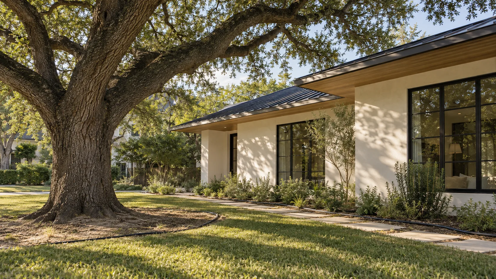 A mature live oak with wide spreading limbs beside a single-story warm modern house with limewashed plaster walls and a matte black roof, a soaker hose running along the slab edge on the lawn between trunk and wall