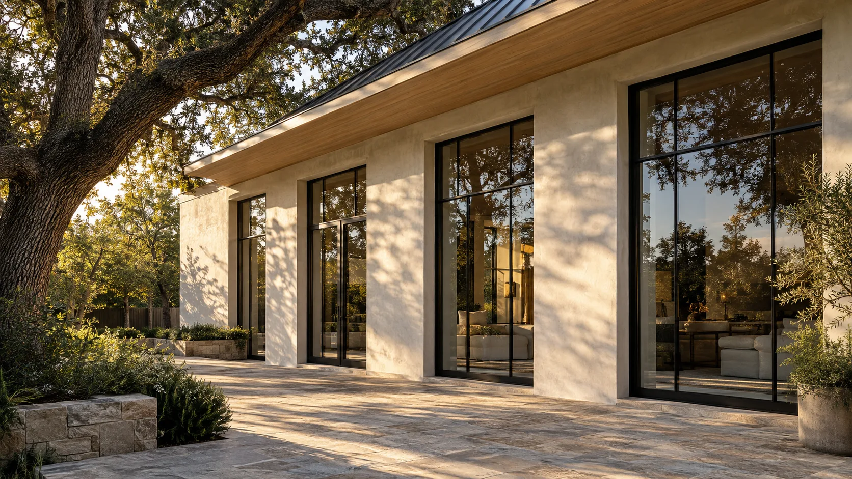 A warm modern single-story house with limewashed plaster walls and tall matte black windows, a mature live oak arching over a stone patio and dappled late-afternoon sun on the facade