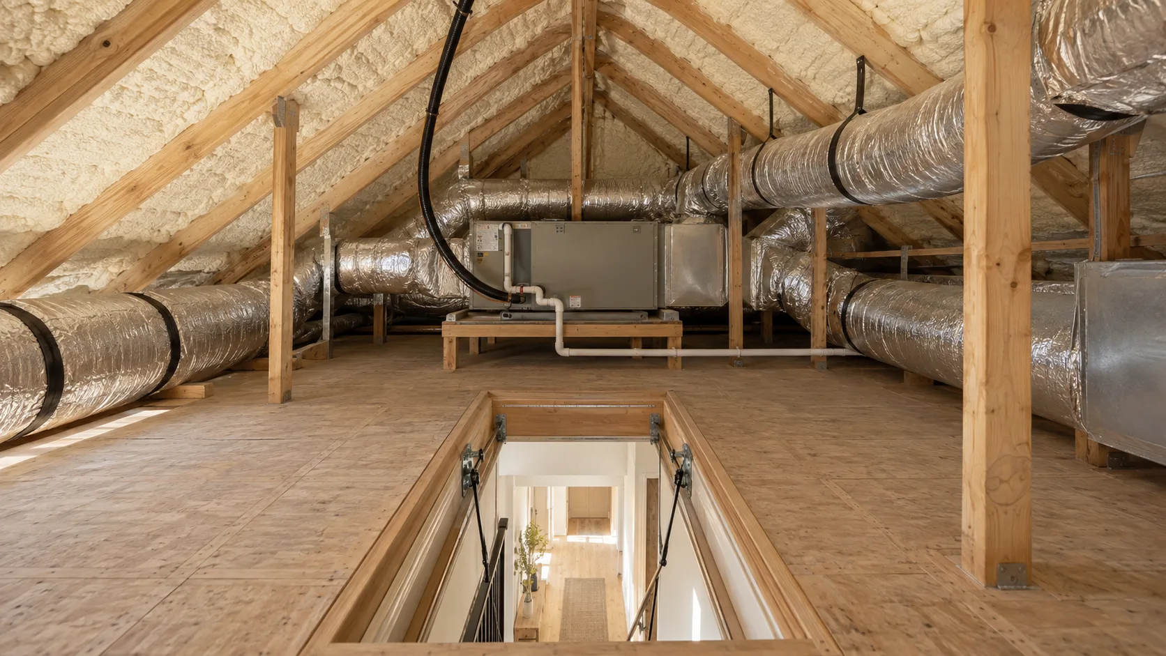 A floored attic with cream spray foam insulation covering the underside of the roof deck between the wood rafters, silver insulated flexible ducts strapped along both sides, and an air handler on a raised wooden platform with a white condensate line, seen from above an open attic ladder that looks down into a bright hallway with oak floors