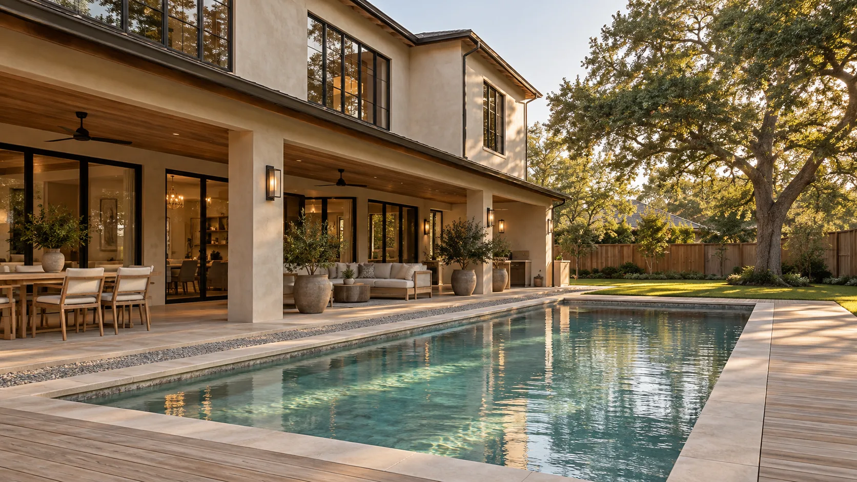 A rectangular plaster pool with a stone coping and a wide white oak deck behind a warm modern Houston house with limewashed walls and black steel doors, a gravel drainage strip running between the deck and the house wall