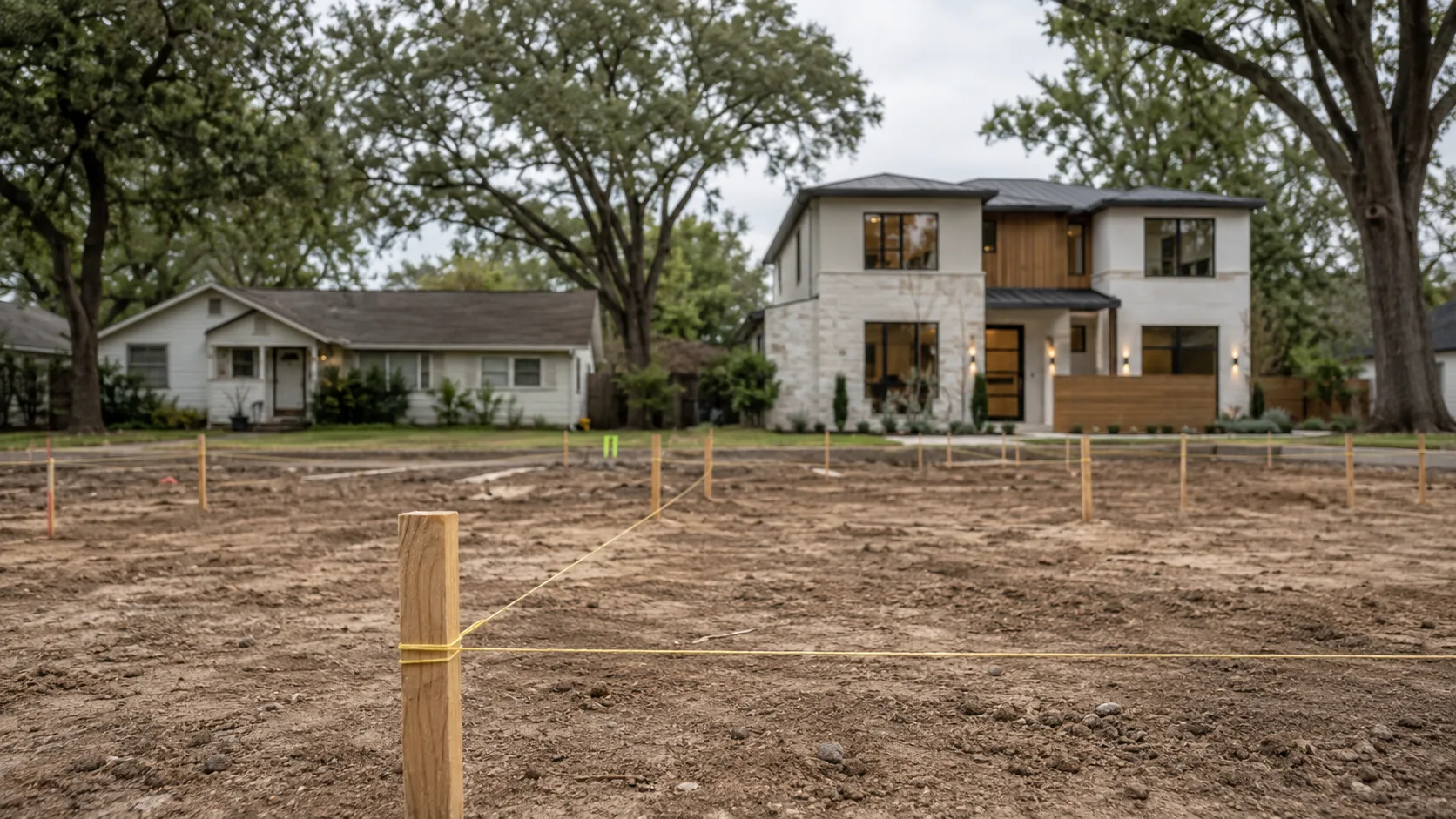 A vacant residential lot in a Houston neighbourhood with survey stakes and string lines marking the building setbacks, an older single-storey house and a newer two-storey custom home standing side by side beyond it